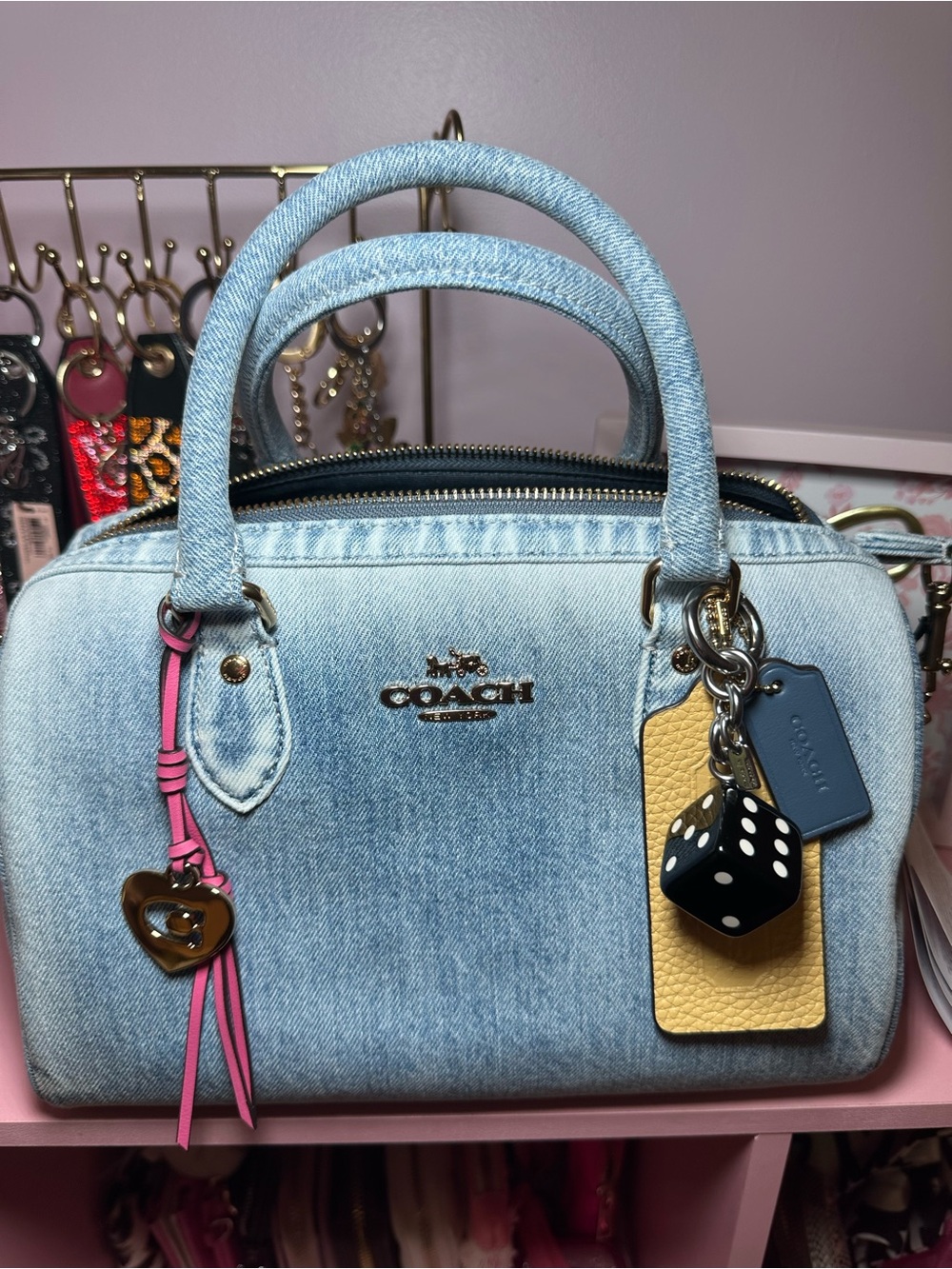 Coach Rowan Satchel in loved denim with Coach charms NWT